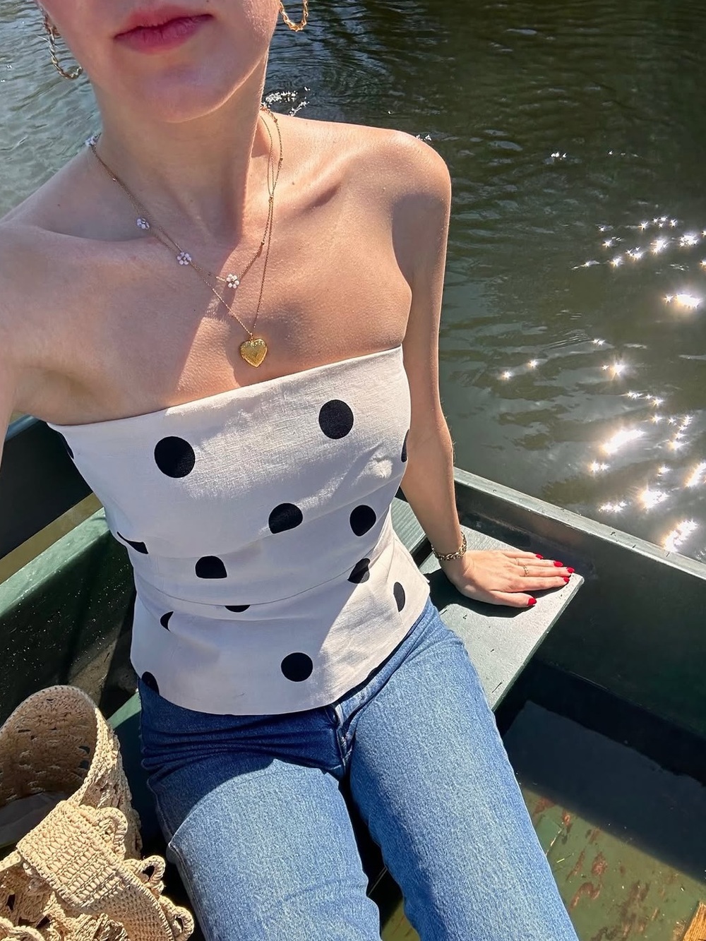 SEZANE EDITIONS Ecru Cream & Black Polka Dot Printed Linen Strapless Peplum Top - Picture 6 of 17